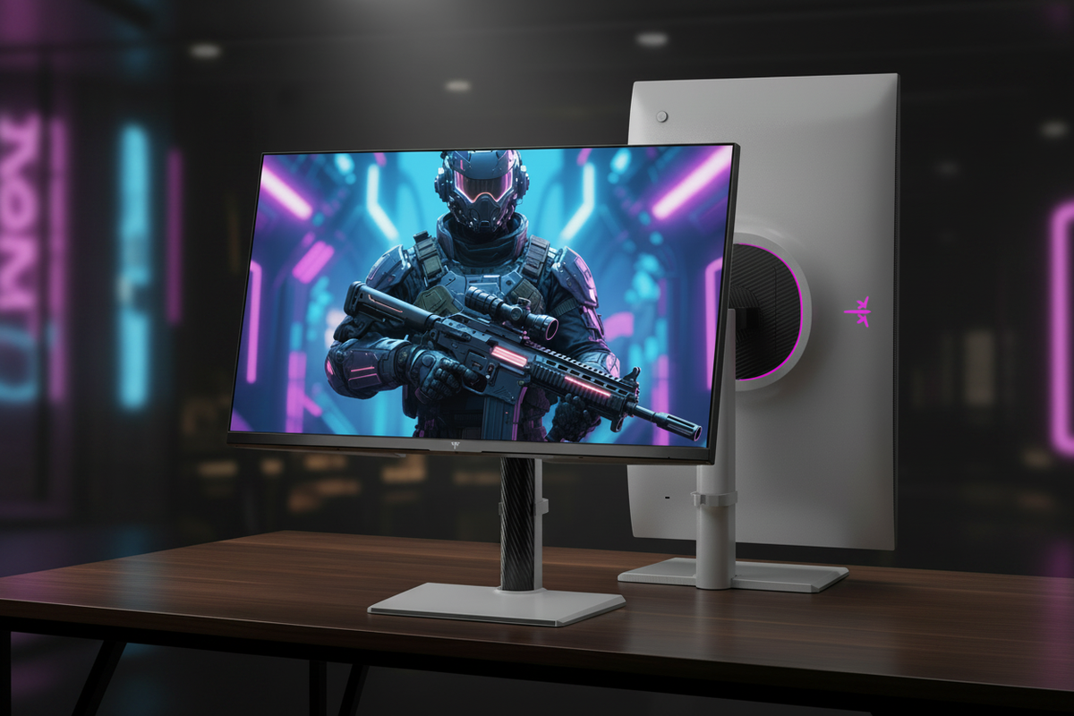 A sleek 4K monitor on a minimalist desk in a dark room, displaying a vibrant high-contrast HDR scene with deep blacks and bright highlights.