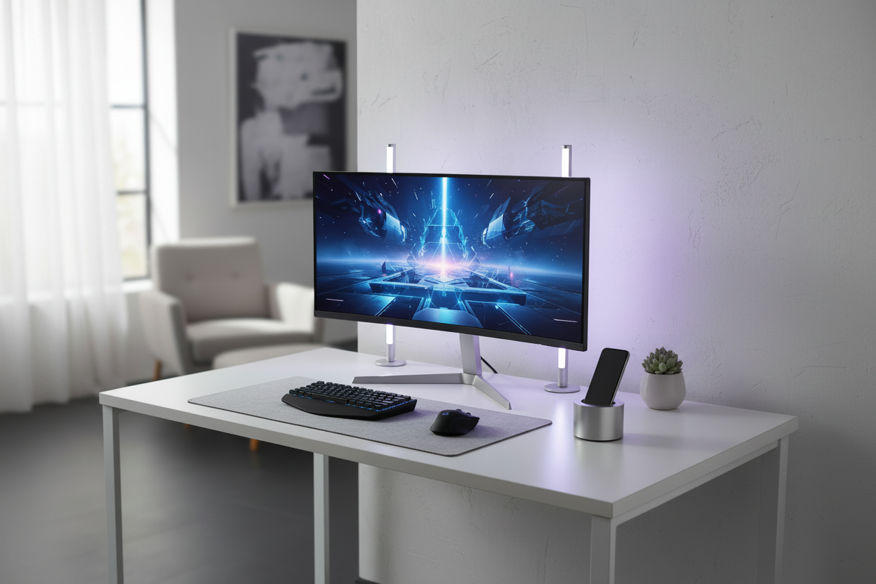 A high-performance gaming monitor on a clean, modern desk setup, representing a factory-direct purchase.