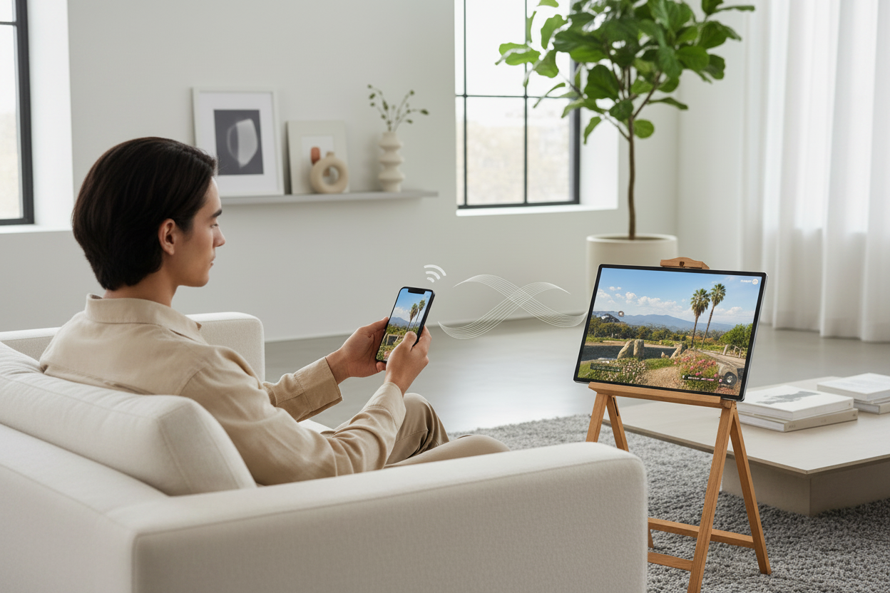 A person in a modern living room mirroring their smartphone to a large portable smart display on a stand.