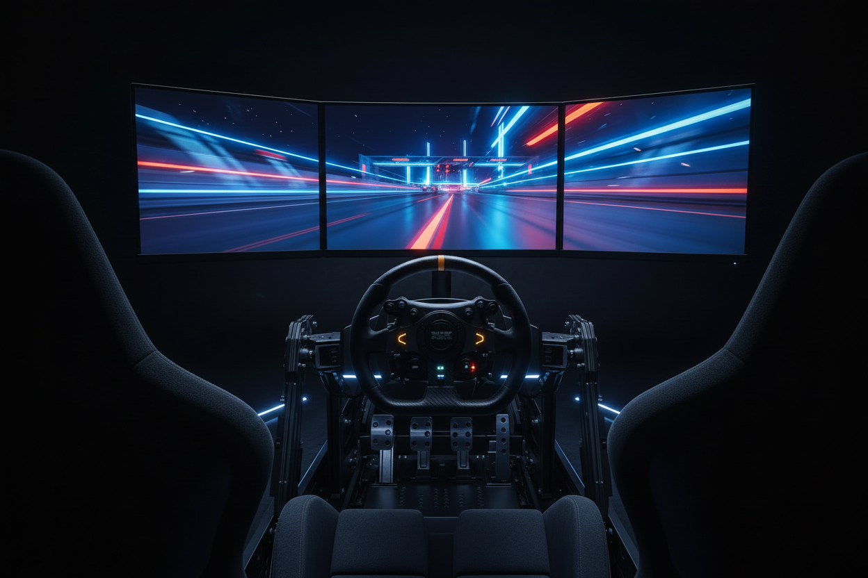 A dramatic POV shot from a sim racing cockpit featuring a large curved monitor displaying a night race, highlighting the immersive wrap-around effect.