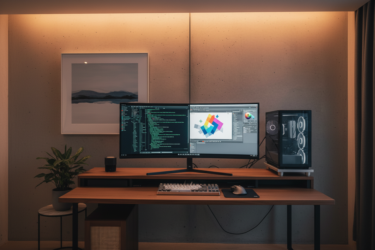 A clean dual-PC workstation featuring a large ultrawide monitor displaying two different computer desktops side-by-side, with a keyboard and mouse on a tidy desk.