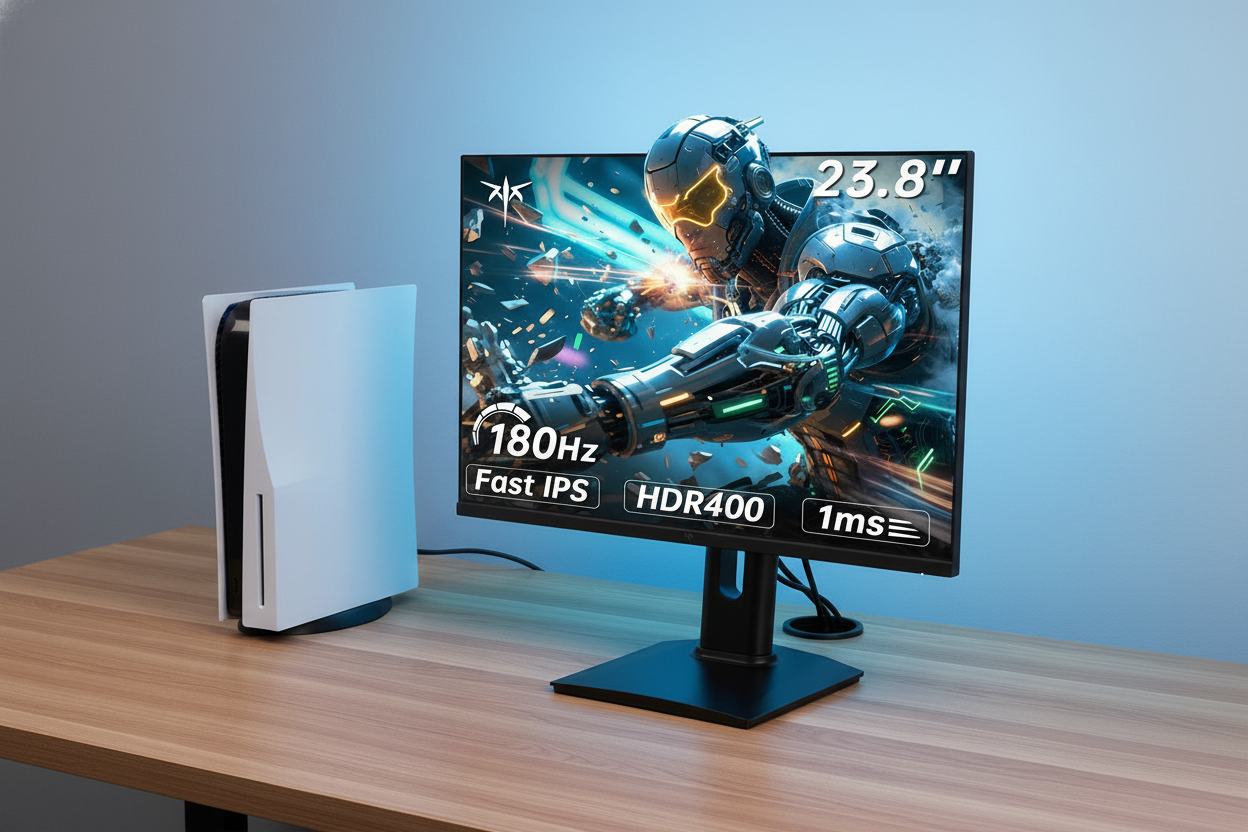 A budget-friendly PS5 gaming setup featuring a sleek 27-inch monitor on a clean desk, highlighting a smooth high-refresh-rate gameplay experience.