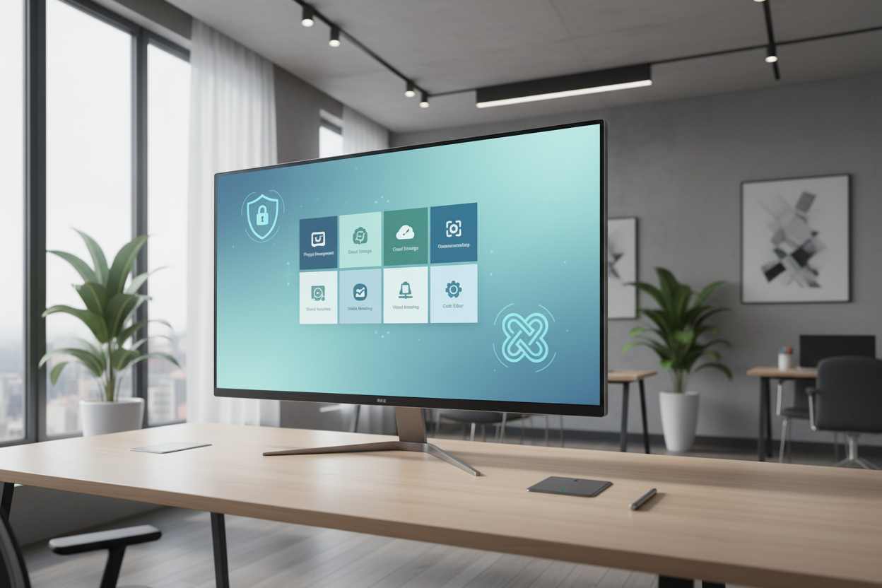 A modern smart monitor displaying a secure Android-style interface with productivity icons in a professional office setting.