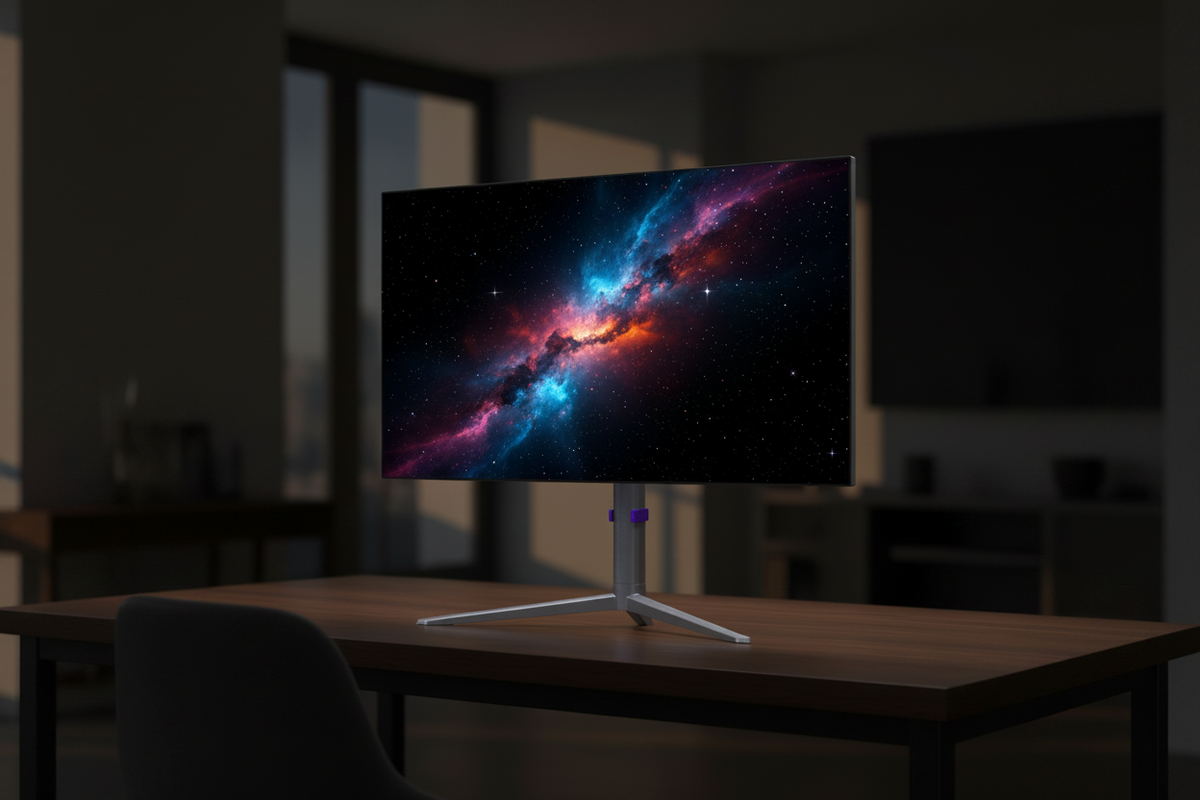 A sleek 27-inch OLED gaming monitor on a minimalist desk, displaying a high-contrast cosmic scene with deep blacks and vibrant colors.