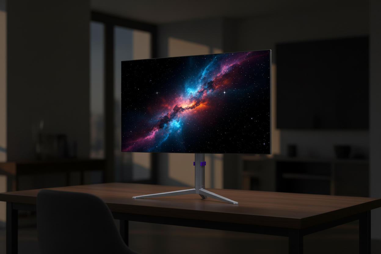 A sleek 27-inch OLED gaming monitor on a minimalist desk, displaying a high-contrast cosmic scene with deep blacks and vibrant colors.