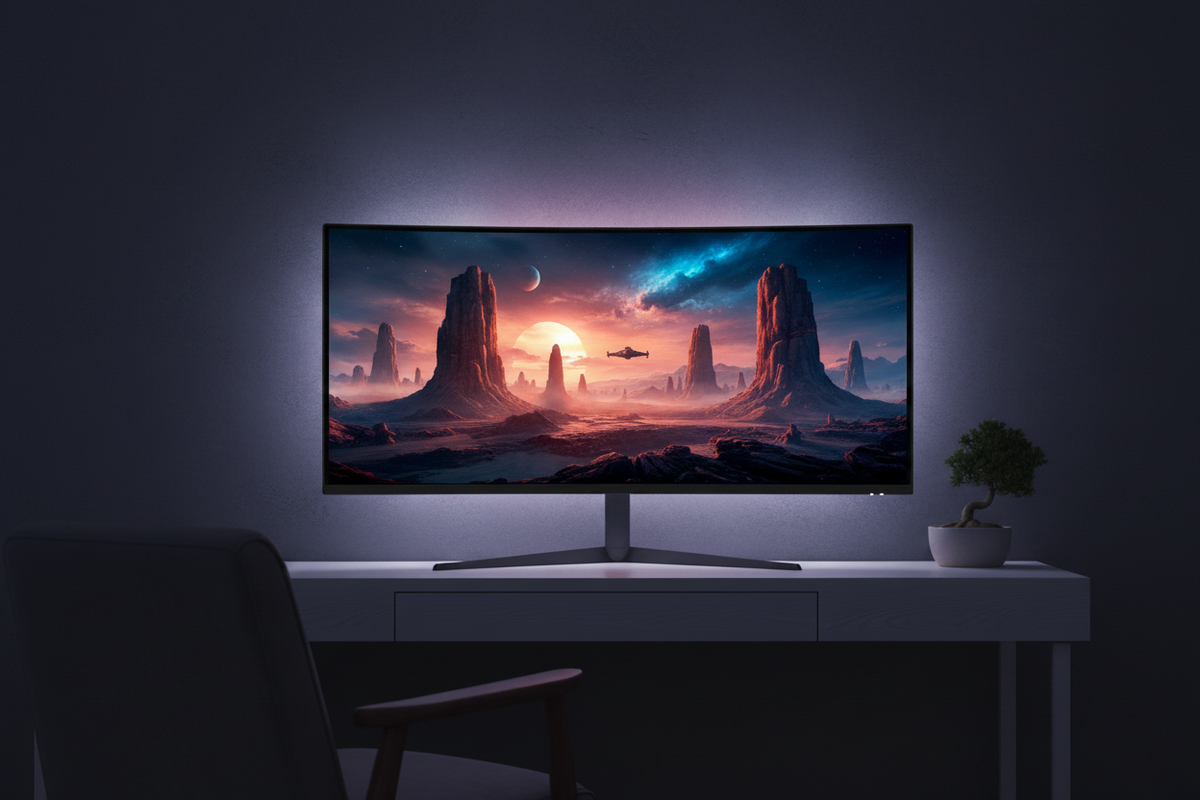 An immersive desk setup featuring an ultrawide monitor in a dark room, displaying a vibrant cinematic movie scene that fills the entire screen without black bars.