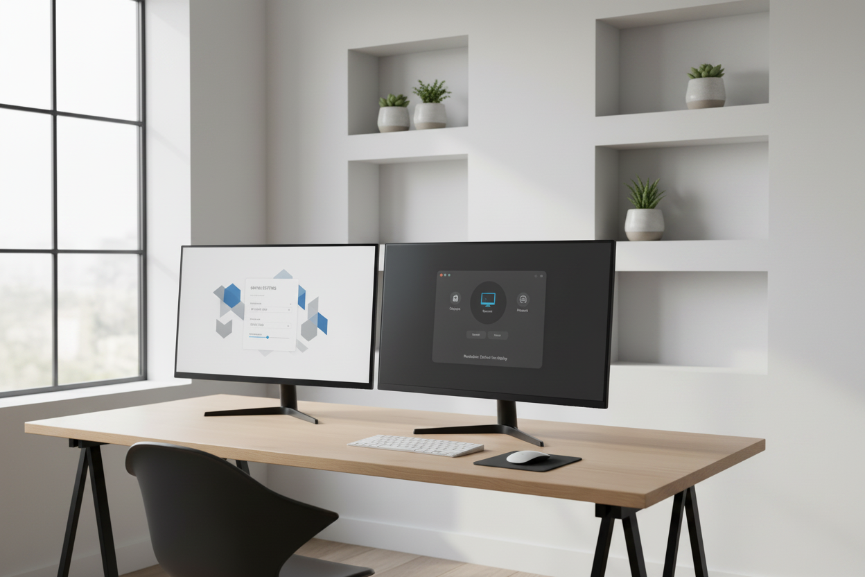 A professional dual-monitor workstation setup with screens displaying the display configuration menus from Windows and macOS, showing resolution and refresh rate settings side-by-side.