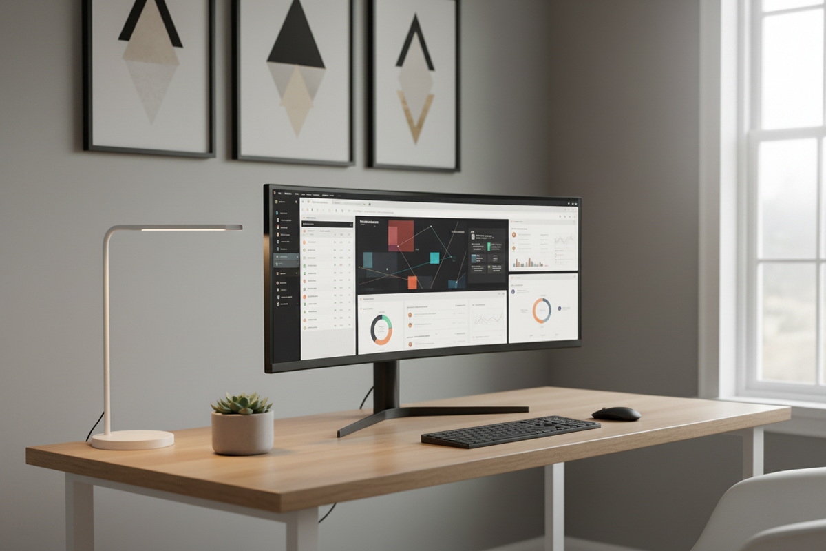 A professional home office desk setup featuring a curved ultrawide monitor displaying productivity apps on the screen.