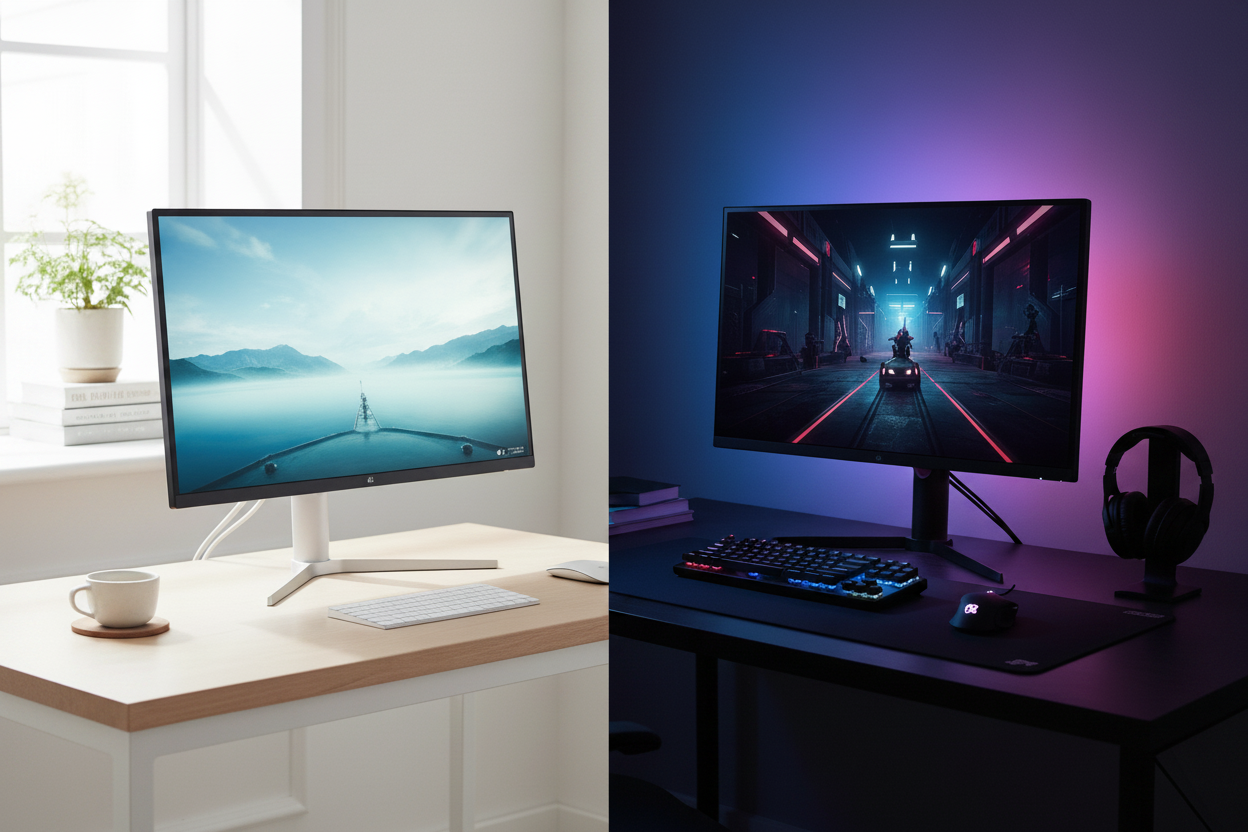 A side-by-side comparison of two computer monitors in contrasting environments: a bright, minimalist home office and a dark, atmospheric gaming setup.