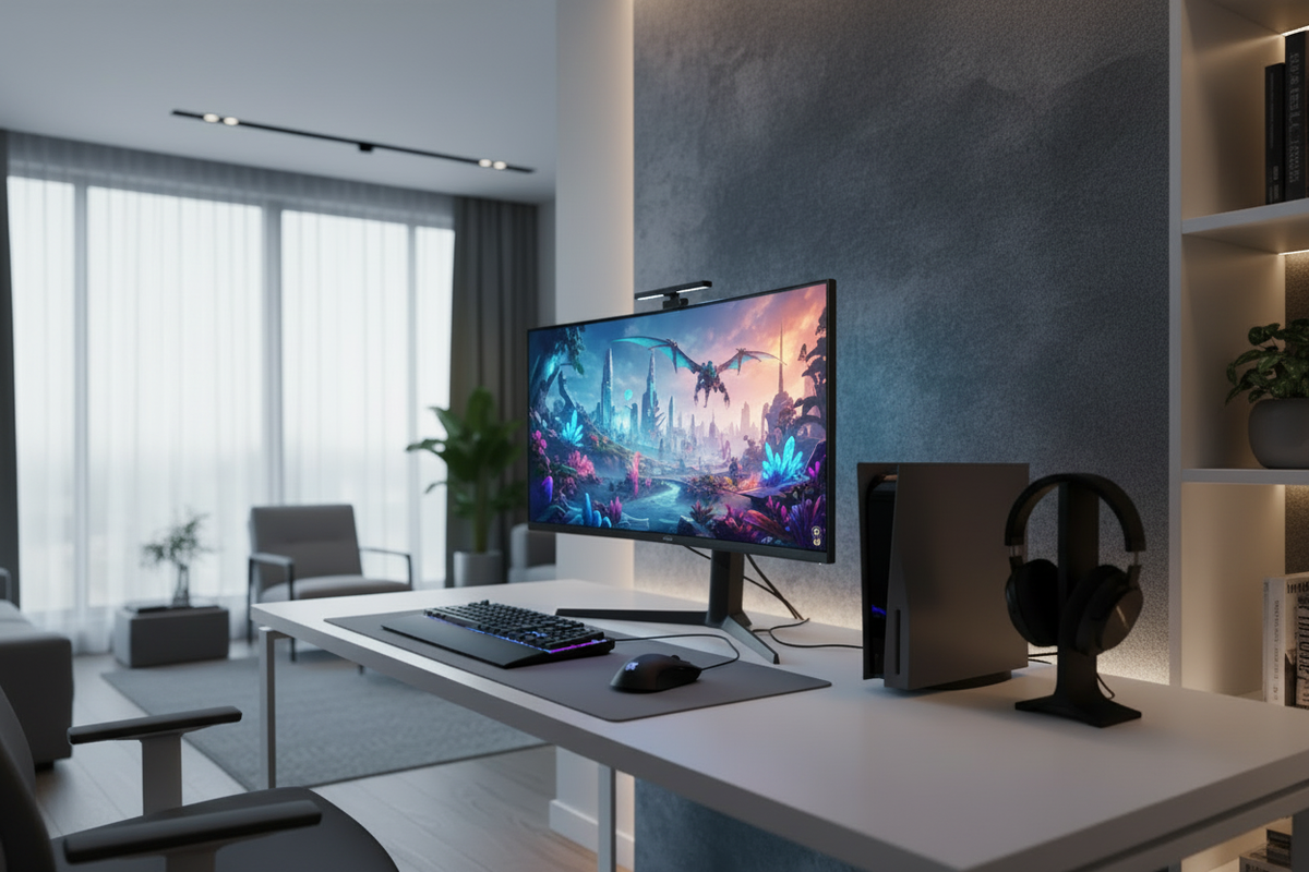 A modern game console connected to a sleek gaming monitor on a clean desk with ambient lighting.