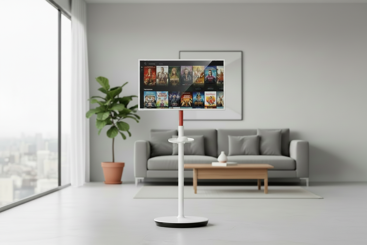 A sleek touch monitor on a portable floor stand in a modern living room, showing a streaming interface with a person's hand touching the screen.