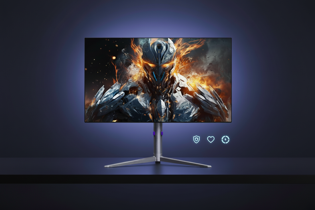 A premium OLED gaming monitor in a modern dark-themed setup, showcasing vibrant colors and deep blacks with subtle protection icons.
