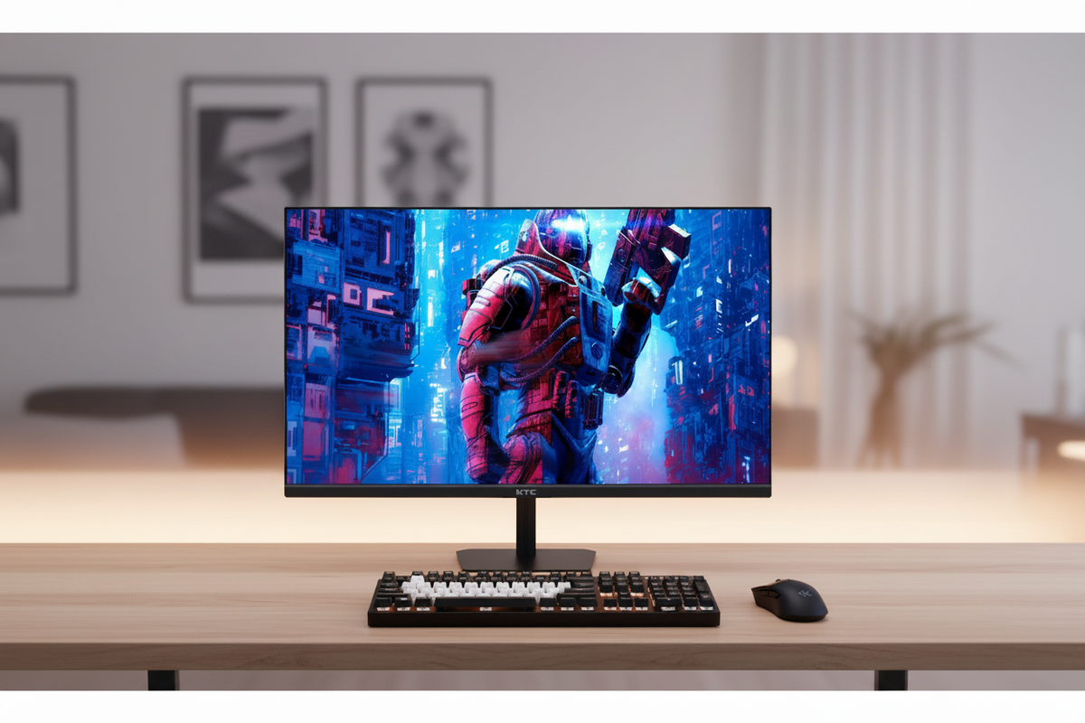 A sleek gaming monitor in a minimalist budget-friendly setup displaying a fast-paced action game.