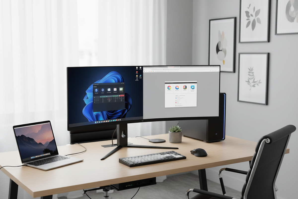 A professional dual-computer workspace featuring a large ultrawide monitor displaying two distinct operating system windows side-by-side, with a shared keyboard and mouse on a clean, modern desk.