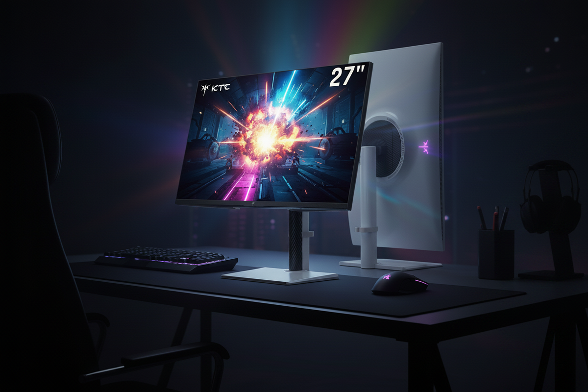 A sleek 27-inch gaming monitor in a dark studio setting, displaying a high-contrast HDR scene with vibrant explosions and deep, true blacks.