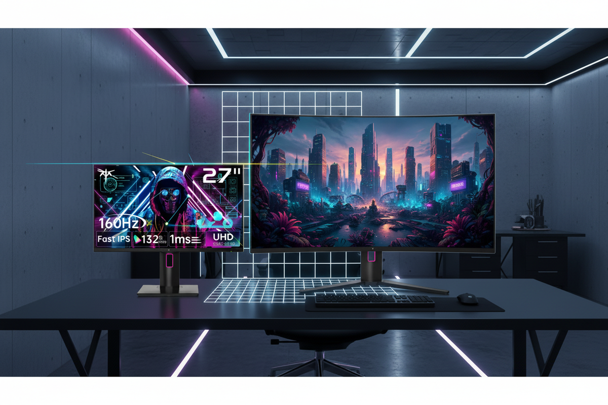 A side-by-side comparison of a 27-inch 4K monitor and a 32-inch 4K monitor on modern desks, highlighting the size and pixel density difference in a high-tech workspace.