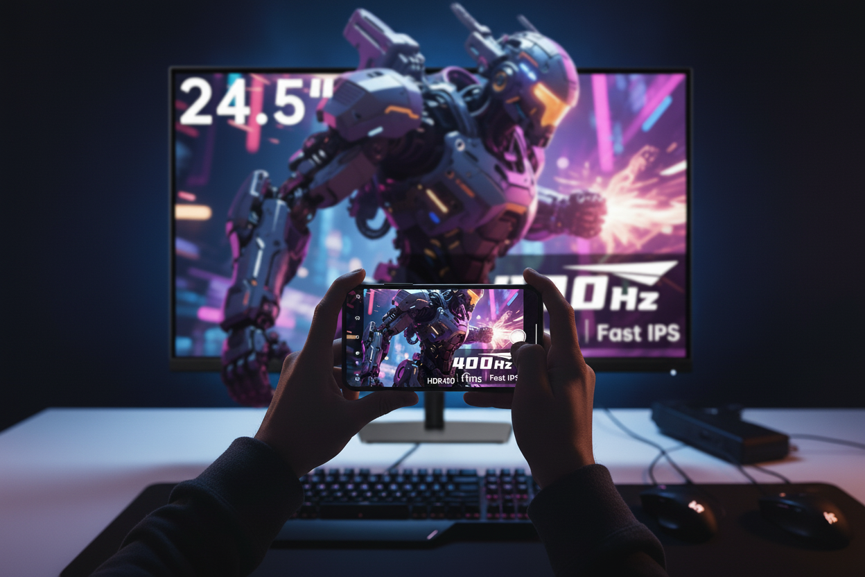 A person captures a photo of a gaming monitor screen with a smartphone, showing motion blur during a UFO test.