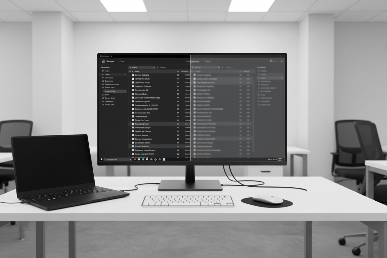 A comparison showing a high-resolution monitor with sharp text on one side and blurred text on the other in a professional office setup.