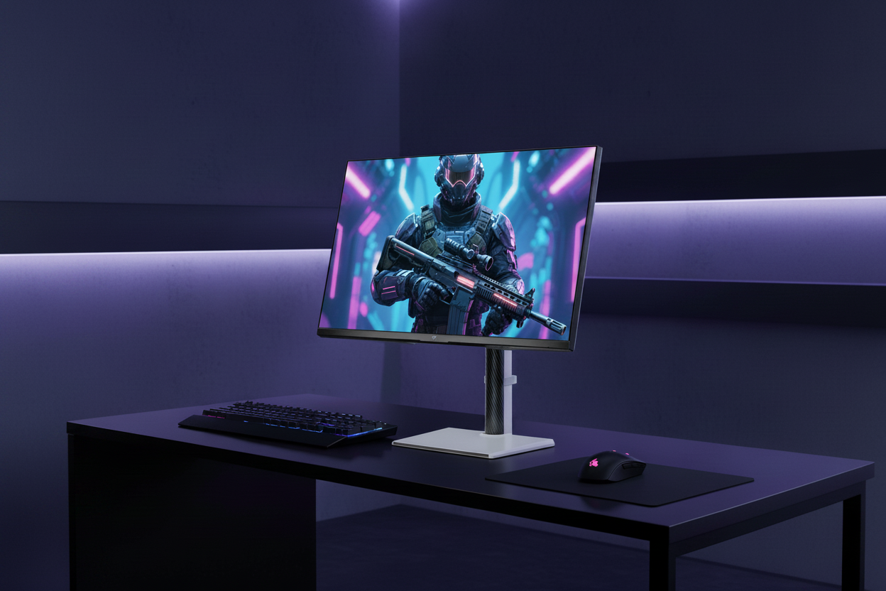 A sleek 27-inch gaming monitor on a modern desk, featuring a vibrant HDR game scene with dramatic highlights and deep shadows.