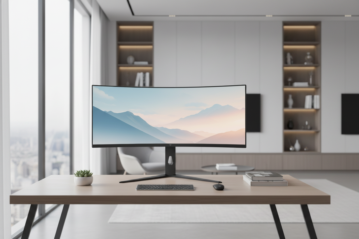 A sleek, minimalist home office setup featuring a single 49-inch super ultrawide curved monitor on a clean white desk, showcasing a modern replacement for a dual-monitor configuration.