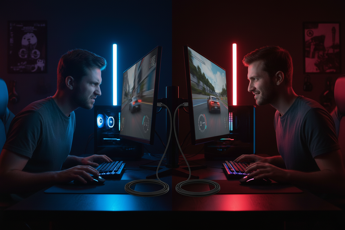 Split-screen comparison of a gaming setup: the left side shows a frustrated gamer with a blurry 60Hz screen, while the right side shows a focused gamer with a crisp high-refresh monitor.