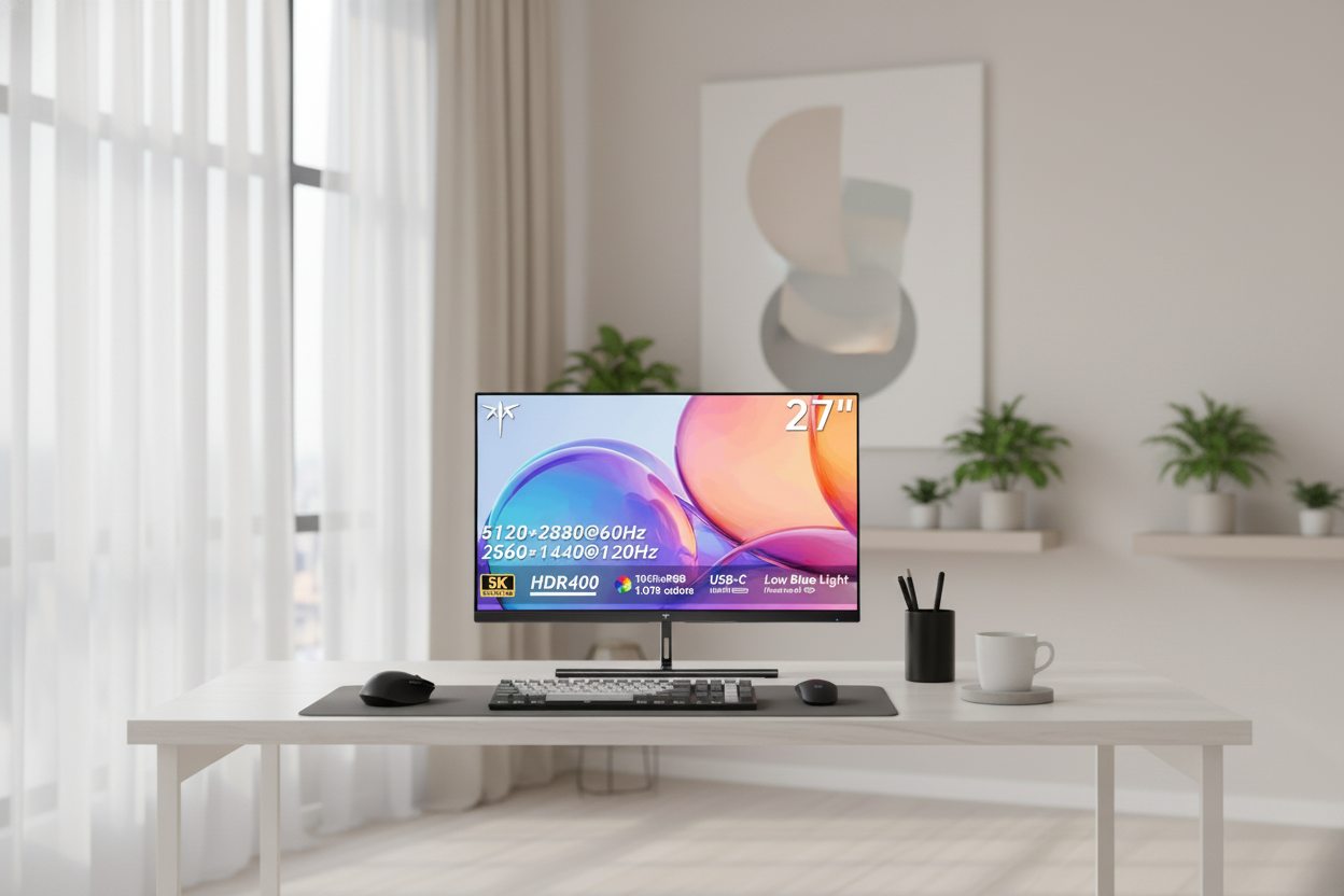 A professional designer's workspace featuring a high-resolution monitor displaying a precise color palette in a clean, modern studio with neutral lighting.
