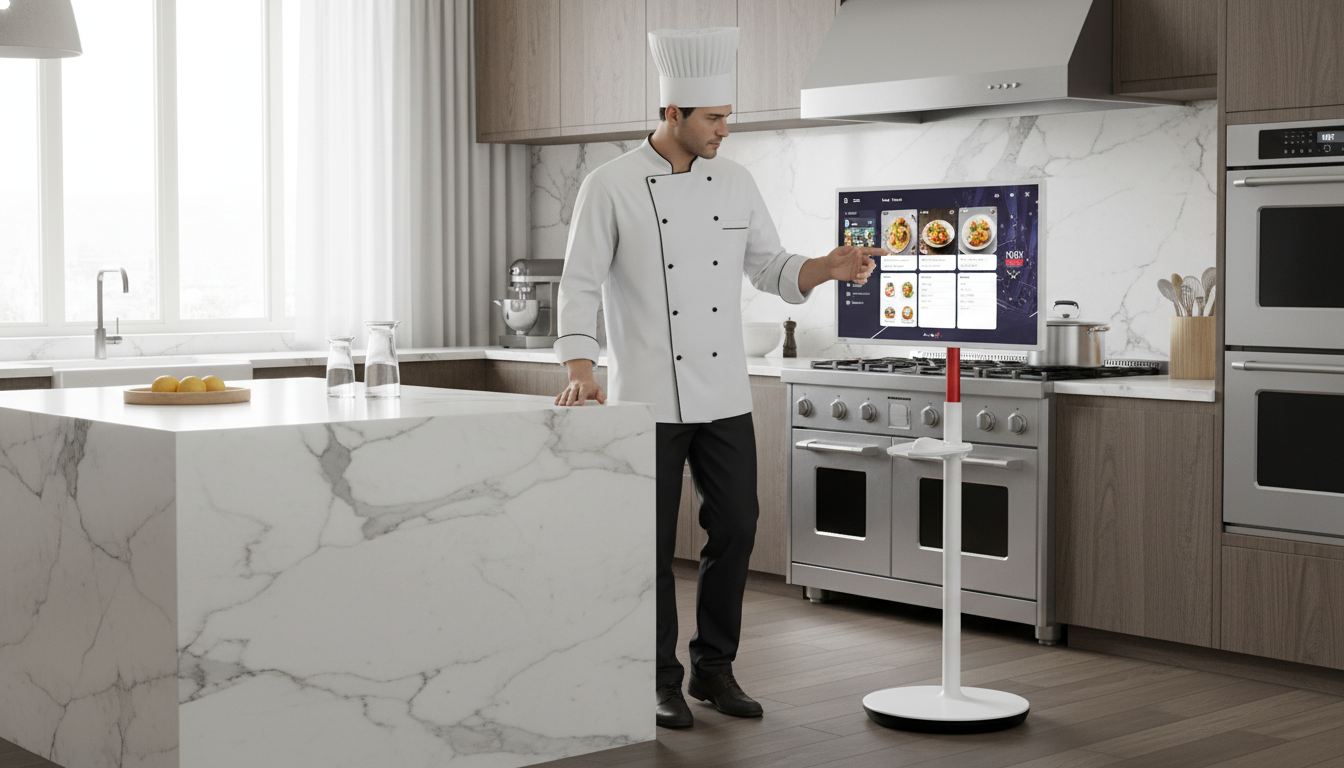 A professional chef using a large mobile touchscreen display on a rolling stand in a modern high-end kitchen island setup.