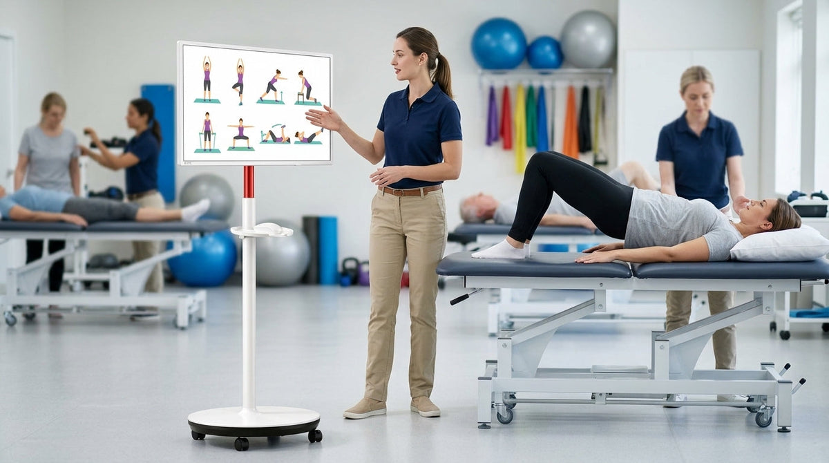 A physical therapist using a large rolling smart touch display to guide a patient through rehabilitation exercises in a modern clinic.