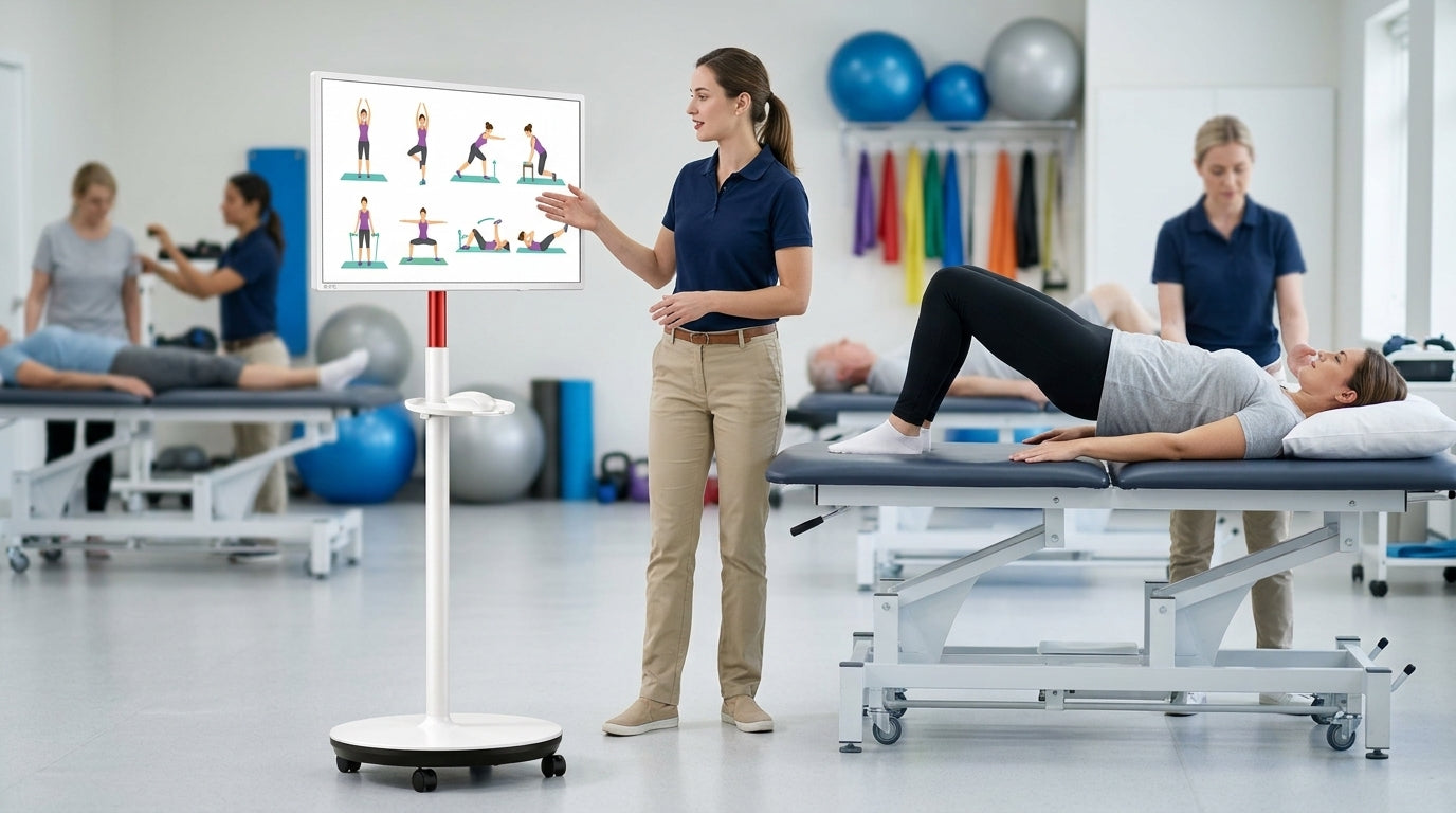 A physical therapist using a large rolling smart touch display to guide a patient through rehabilitation exercises in a modern clinic.