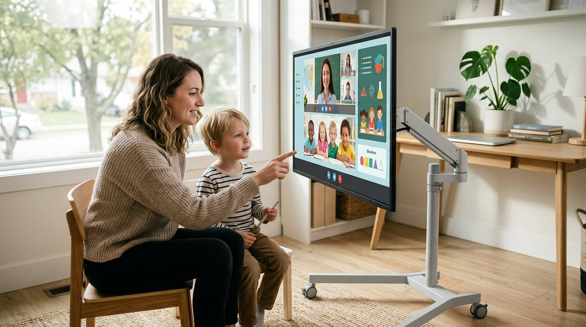 A large 32-inch mobile smart display on a rolling stand with wheels, used by a child and parent for online learning in a bright, modern home study.