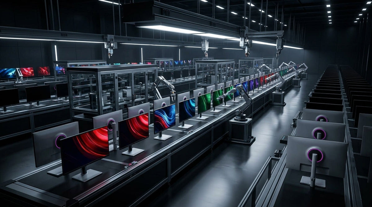 A dramatic, wide-angle manifesto-style visual of a high-tech automated factory floor where rows of premium monitor panels are being assembled under cinematic lighting, conveying a 'Manufacturing Insurgent' industrial theme.