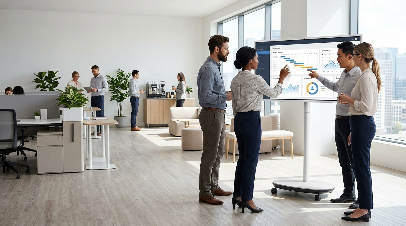 A group of professionals collaborating on a rolling 32-inch smart display in a modern open-office huddle area.