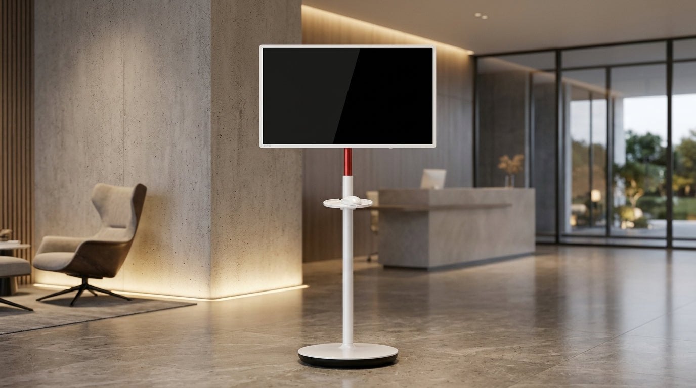 A large rolling smart display positioned in a modern hotel lobby for guest information.