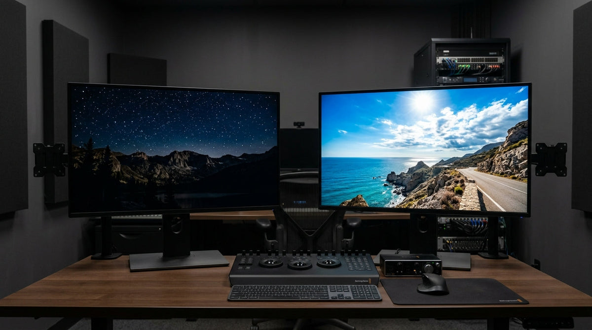 A professional color grading suite with two high-end monitors side-by-side, showcasing the difference between OLED perfect blacks and Mini-LED high-peak brightness in an HDR scene.