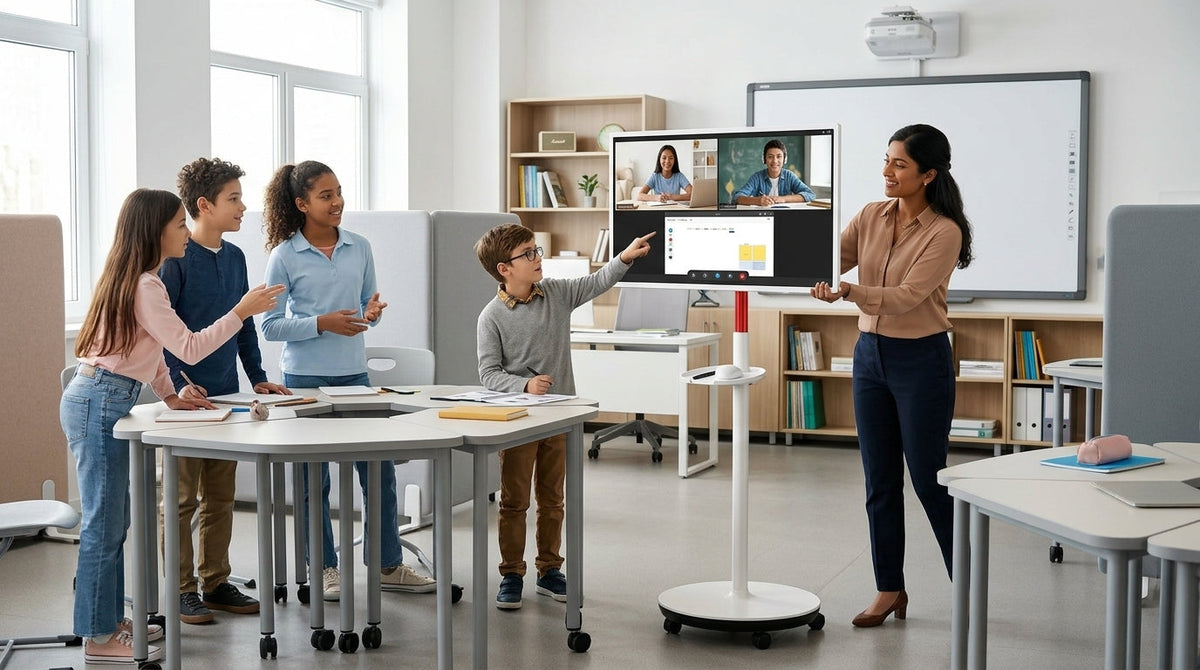 Modern hybrid classroom showing teacher wheeling a 32-inch 4K EDLA smart display between student groups for interactive hybrid lesson