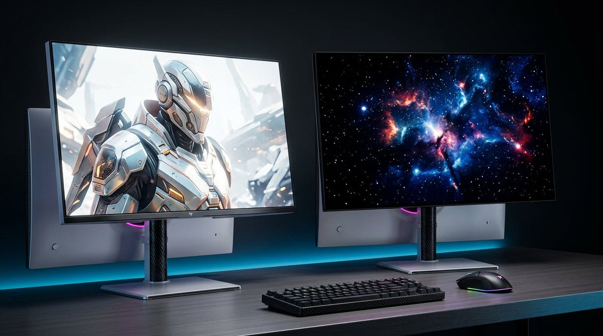 A dramatic side-by-side comparison of two high-end gaming monitors on a modern desk with RGB lighting, highlighting the visual differences between screen technologies.
