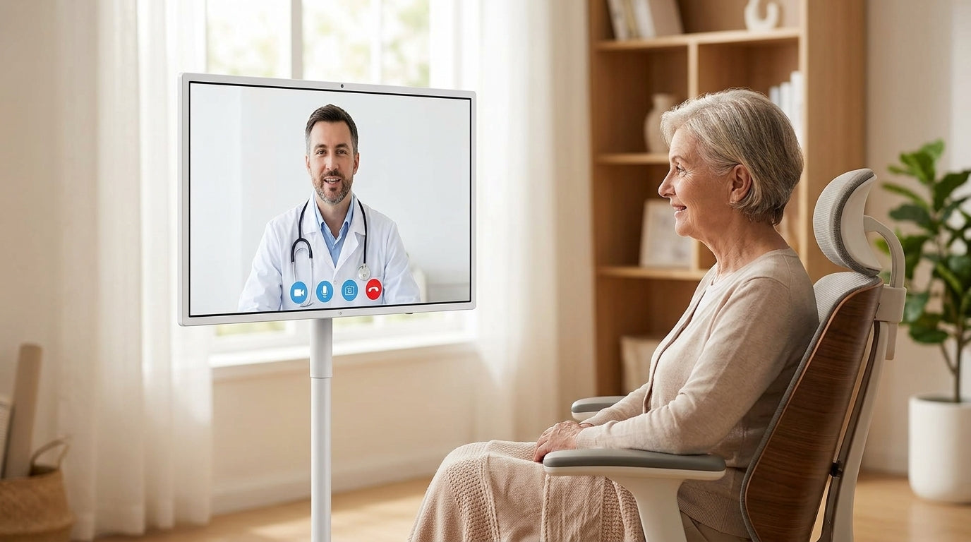 Senior patient using a large rolling smart monitor for a telehealth consultation at home.