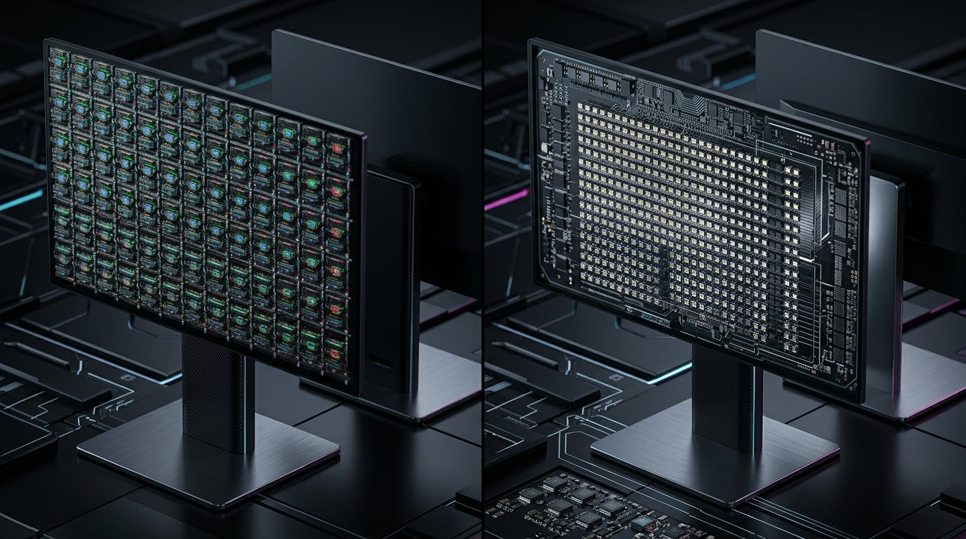 A dramatic, abstract side-by-side comparison of OLED and Mini-LED panel structures, featuring self-emissive pixel grids and dense backlight arrays in a dark tech aesthetic.