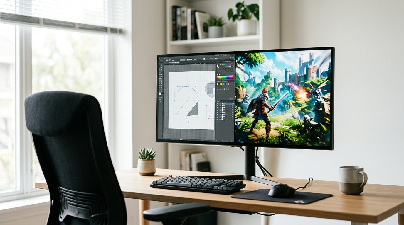A modern minimalist home office desk setup featuring a high-end 27-inch flat monitor displaying a split-screen view of professional design software and a vibrant video game, illuminated by soft natural window light.
