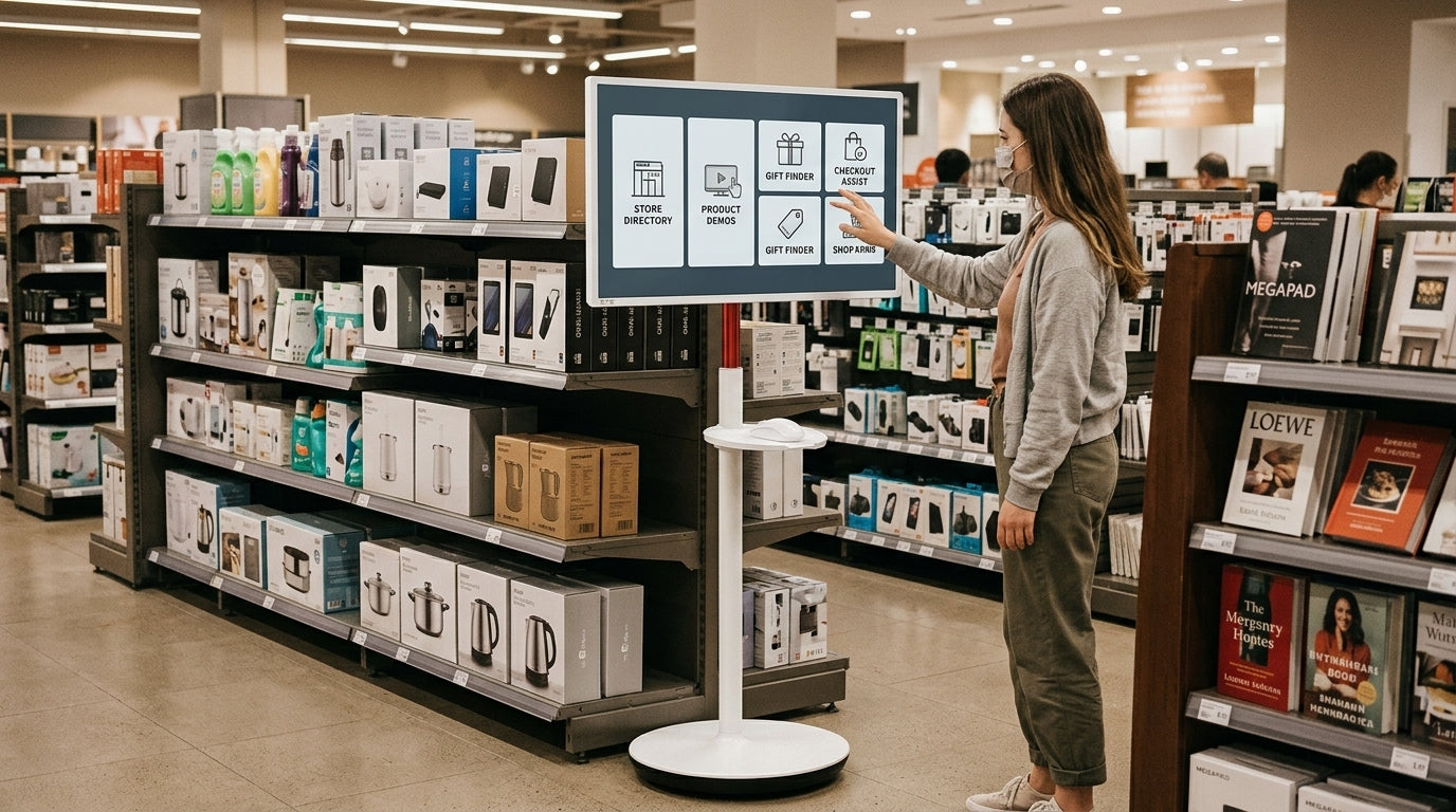 A mobile retail display used as an interactive demo station inside a store.
