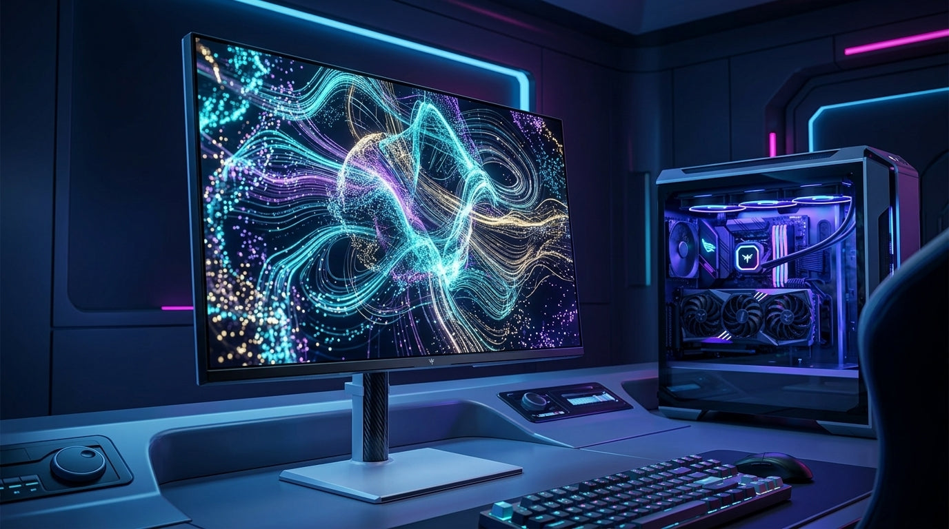 A futuristic 4K gaming setup in a dark room featuring a powerful graphics card and a monitor displaying a glowing data stream representing high bandwidth.