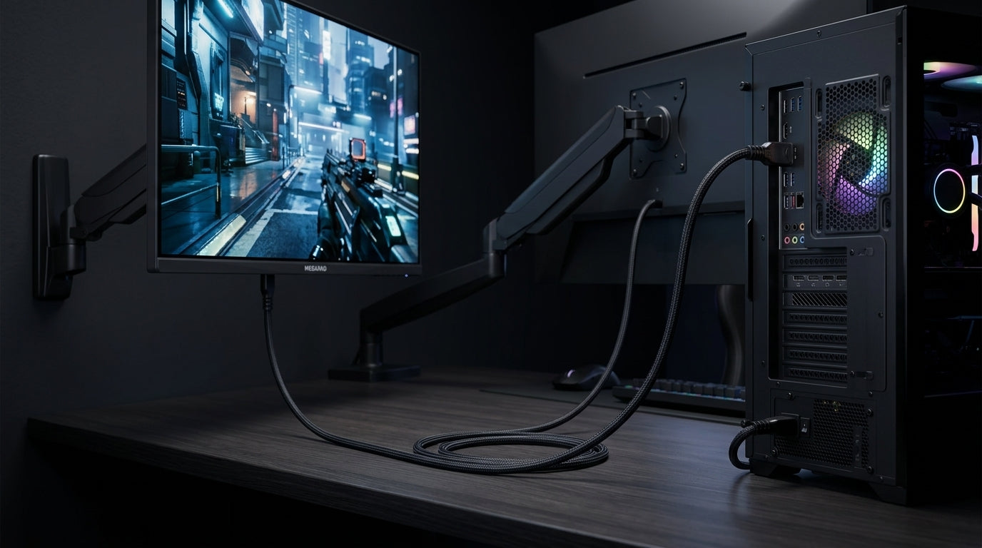 A high-end gaming monitor on a desk in a dark room, connected to a computer by a high-quality DisplayPort cable, displaying a sharp and clear video game scene with no visible artifacts.
