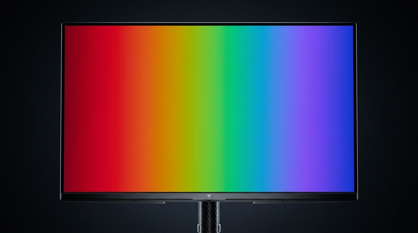 A 27-inch gaming monitor displaying a smooth 10-bit color gradient test pattern with a comparison of smooth transitions and subtle banding on a dark background.