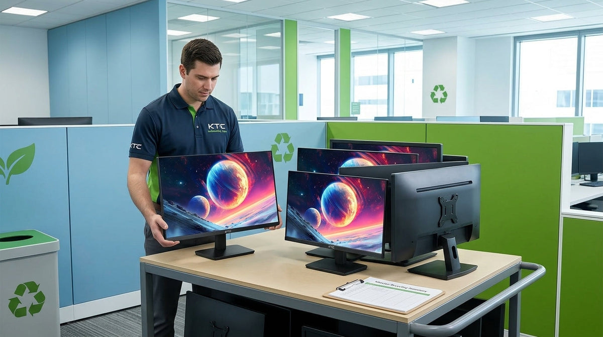 A professional office scene showing a stack of old monitors being sorted for recycling or trade-in, featuring green leaf and recycling symbols in a modern sustainable workspace.