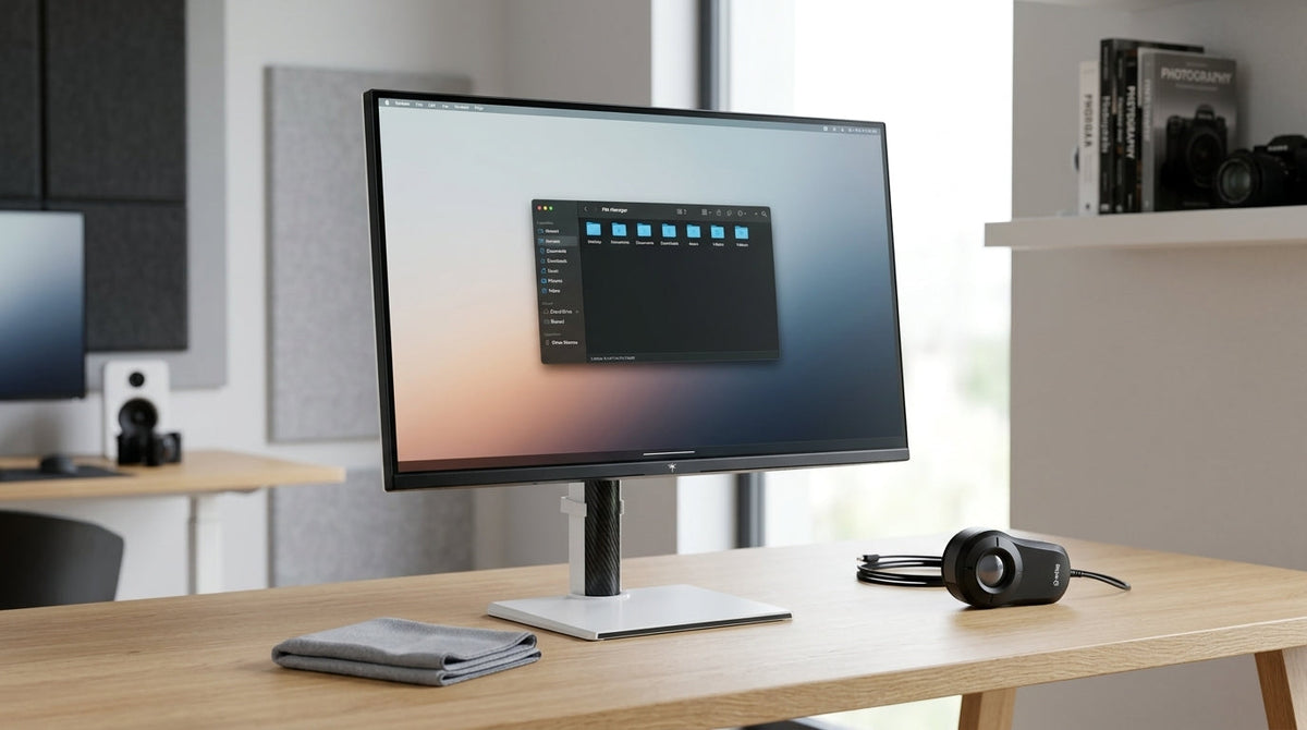 A high-end monitor on a clean, professional creator's desk with a microfiber cloth and a color calibration tool nearby.