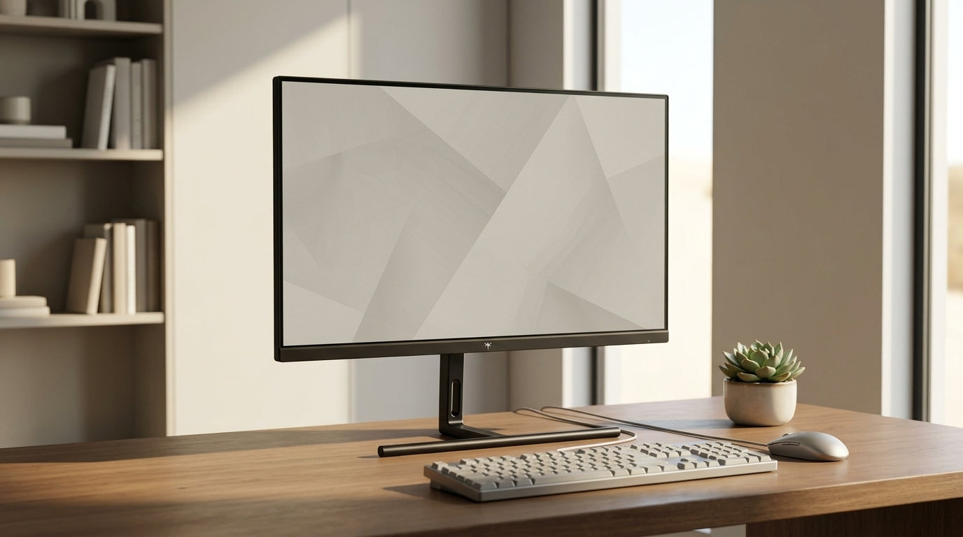 A professional creative workstation featuring a 27-inch 5K monitor in a modern, sunlit home office environment.