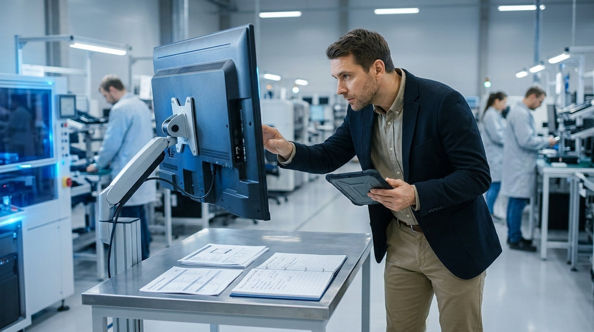 A professional B2B buyer in a clean manufacturing facility inspecting a high-end monitor panel with a digital checklist and quality documents.