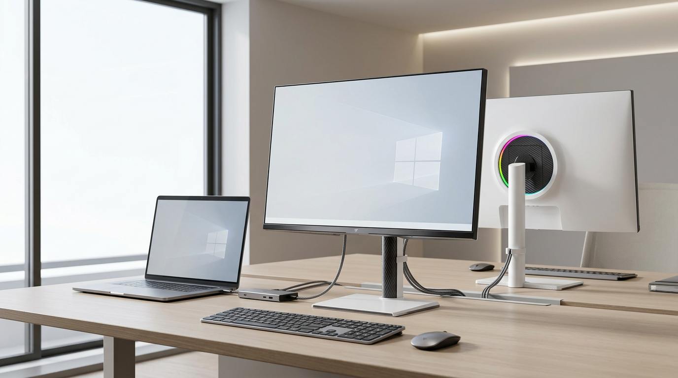A professional hybrid desk setup in a clean, modern office with a high-end laptop connected to a 4K monitor and peripherals via a single USB-C dock, featuring a 2026 tech aesthetic.