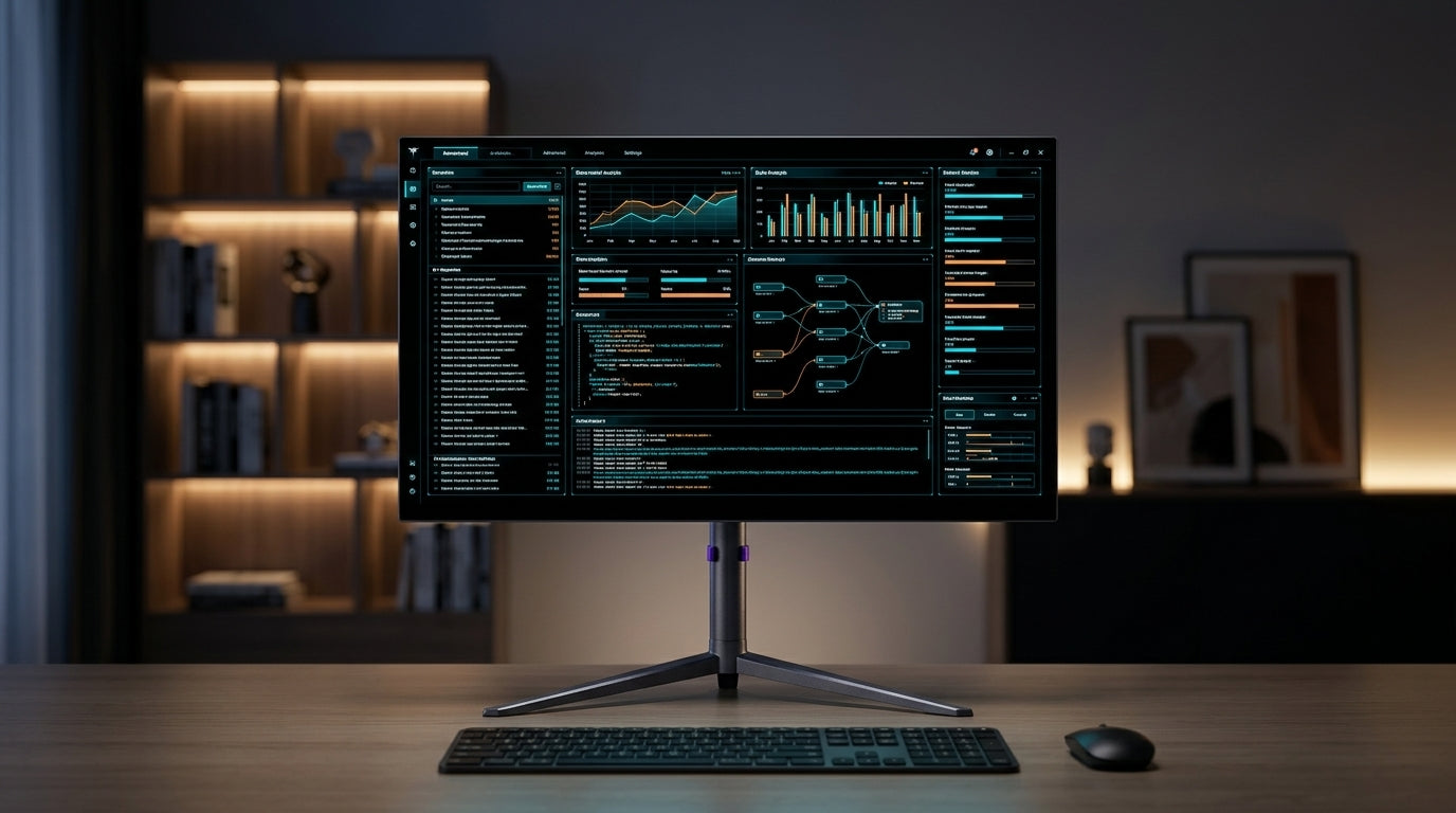 A professional UI designer working at a modern desk with a high-contrast monitor displaying a dark mode interface.