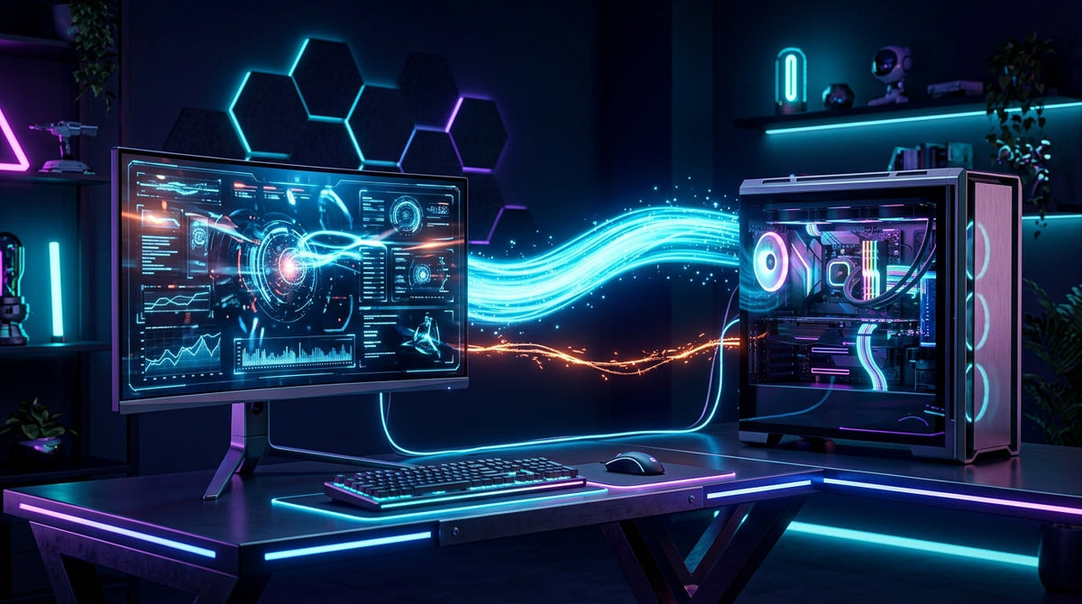 A dramatic tech illustration of a futuristic gaming PC and 4K monitor with two contrasting data streams: one thick and vibrant representing full bandwidth, and another narrow and constricted representing a performance bottleneck.